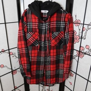 Cozy Oversized Black and Red Plaid Button Down Fleece Hoodie Size Large